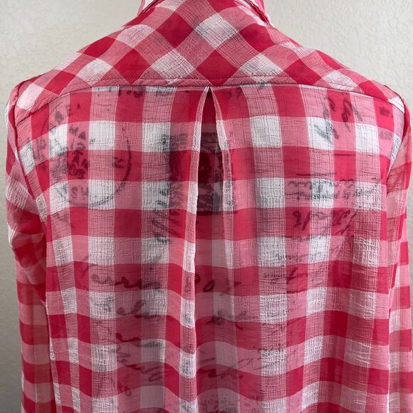 Free people red sheer gingham button down blouse size XS boho western cowgirl - Picture 8 of 14